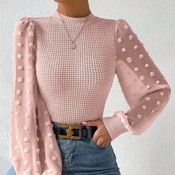 Tops - Pink Elegant Women's Stand Collar Mesh Contrast Long Sleeve Blouse